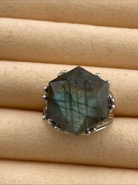 Labradorite Star of David Ring • Faceted Hexagram Shield • Electric Blue Flash